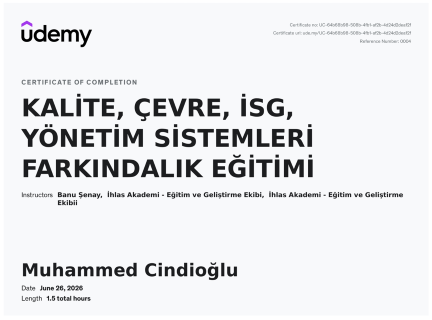  KALİTE, ÇEVRE, İSG, YÖNETİM SİSTEMLERİ FARKINDALIK EĞİTİMİ